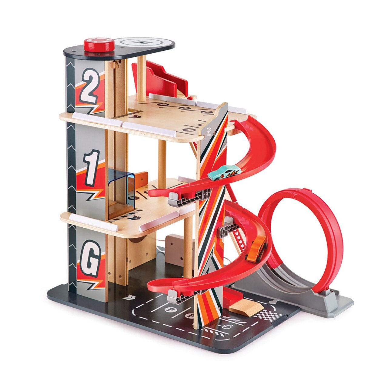 Hape Gearhead Stunt Garage Wooden High-Rise Car Parking Lot Kid's Playset